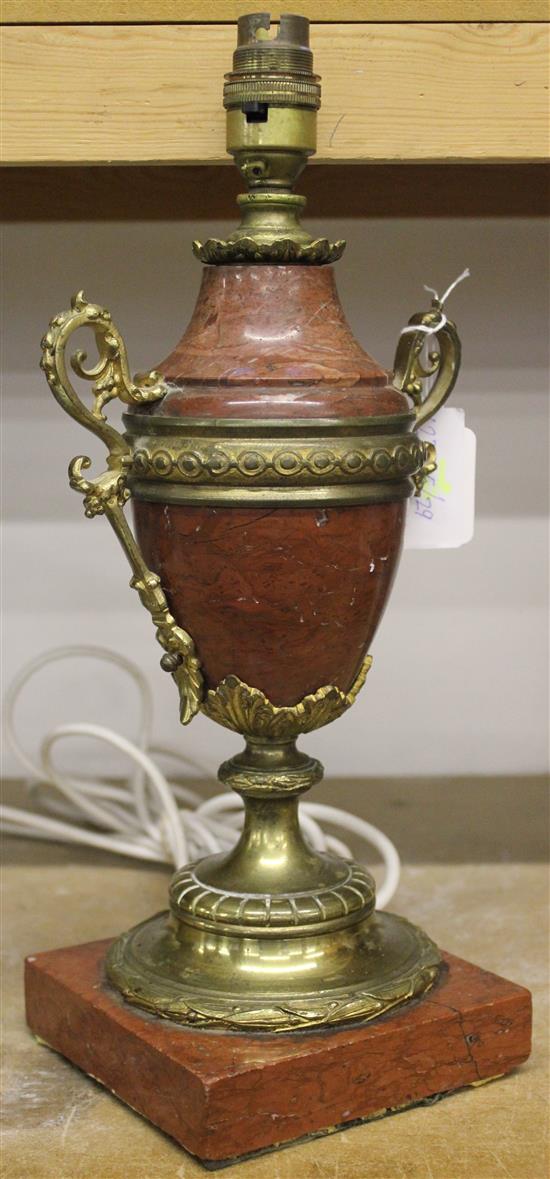 A rouge marble and gilt metal lamp base(-)